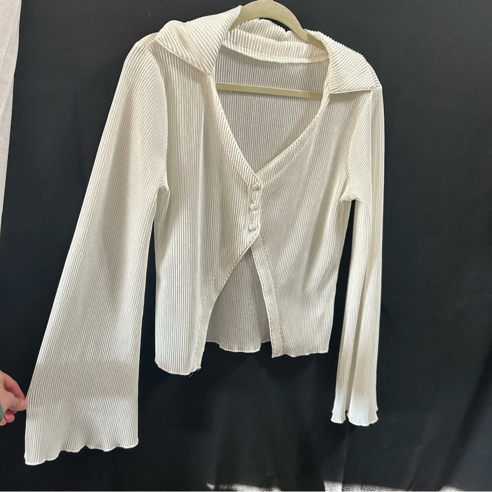 White Ribbed Button-Up Cardigan - Picture 1 of 4